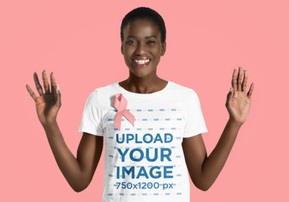 Breast Cancer Awareness-Themed Mockup of a Woman Wearing a T-Shirt and a Pink Ribbon