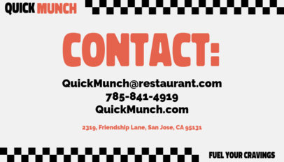 Back Business Card Template with Checkered Graphics for a Fast-Food Restaurant