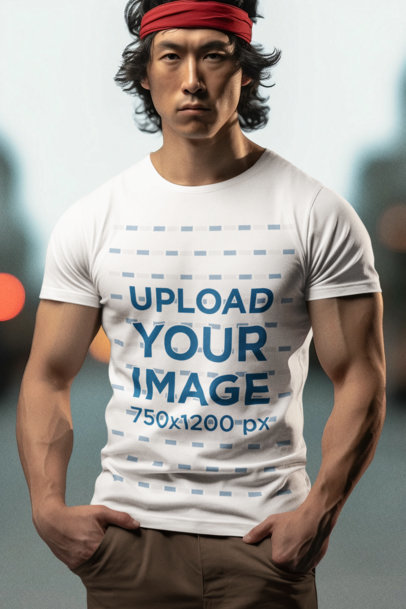 Round-Neck T-Shirt Mockup of a Serious AI-Generated Man Inspired by Ryu
