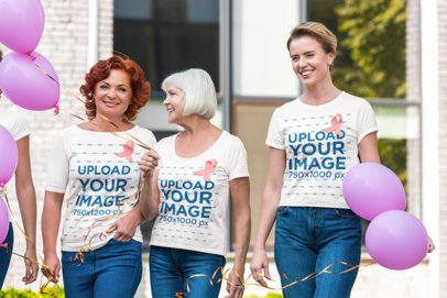 Cancer Awareness-Themed Mockup of a Group of Women Wearing T-Shirts and Pink Ribbons