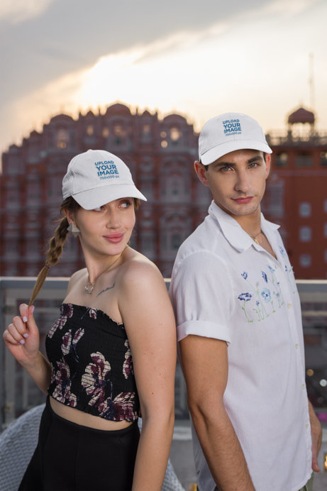 Dad Hat Mockup of a Cool Man and a Woman Posing Near a Balcony