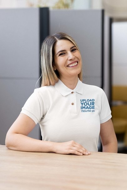 Mockup of a Happy Woman Wearing an Embroidered Polo Shirt