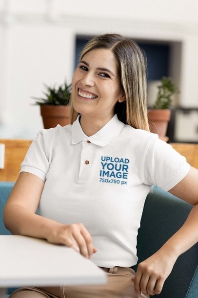 Mockup of a Smiling Woman Wearing a Polo Shirt at Work