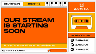 Colorful Twitch Screen Creator Featuring a Starting Soon Text with an Illustrated Cassette