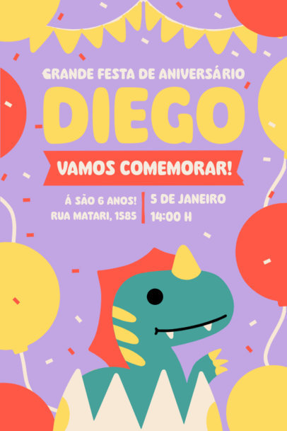 Dinosaur-Themed Invitation Template for a Birthday Party Featuring Balloon Graphics