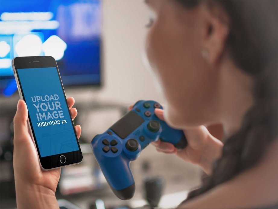 Woman Plays Playstation 4 While Looking at iPhone 6 - iPhone Mockup