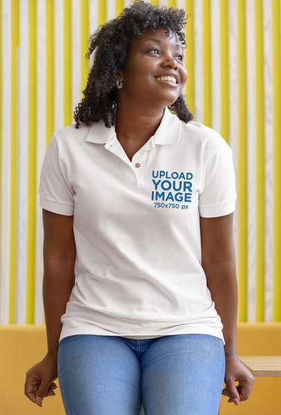 Polo Shirt Mockup Featuring a Curly-Haired Woman Leaning over a Table m34823