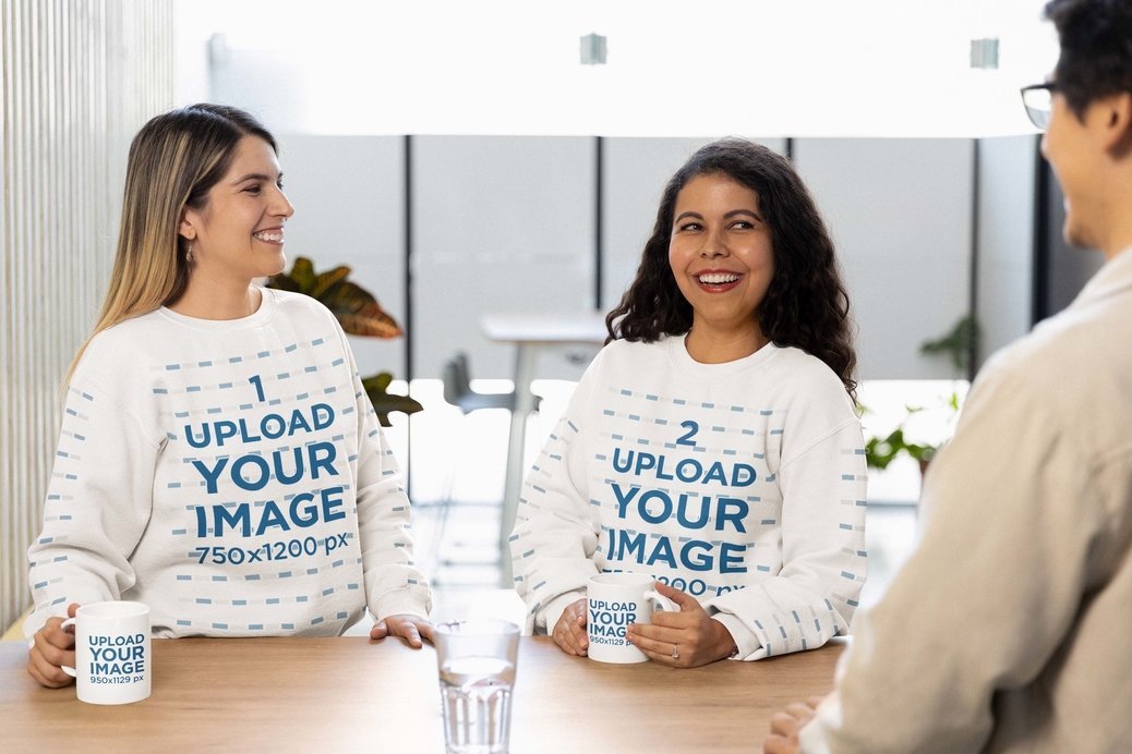 Coffee Mug and Sweatshirt Mockup of Three Coworkers Hanging Out in the Cafeteria