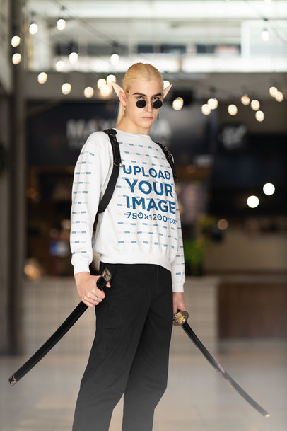 Gildan Sweatshirt Mockup Featuring a Man With a Cosplay Costume