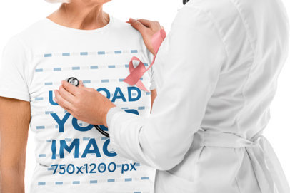 Heathered T-Shirt Mockup Featuring a Senior Woman With a Breast Cancer Ribbon