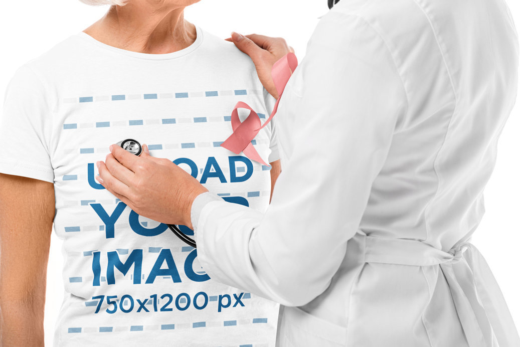 Heathered T-Shirt Mockup Featuring a Senior Woman With a Breast Cancer Ribbon