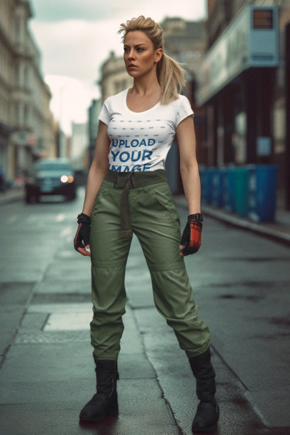 V-Neck Tee Mockup of an AI-Generated Woman Inspired by a Street Fighter Character m34951