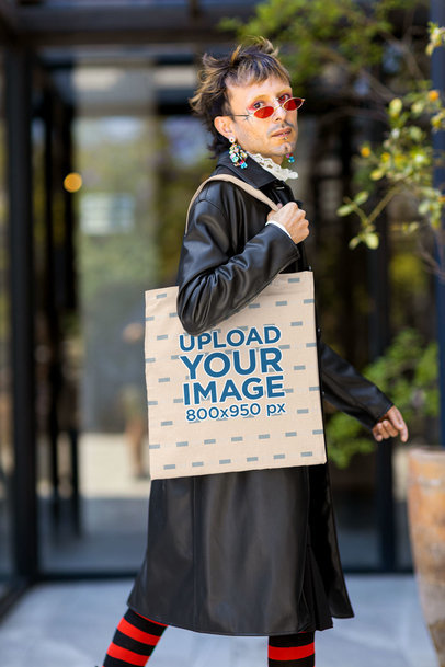 Mockup of a Cosplay Serious Man Carrying a Tote Bag