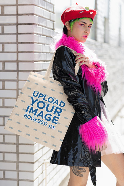 Tote Bag Mockup Featuring a Serious Woman Wearing a Harajuku-Inspired Outfit