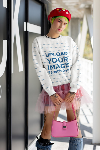 Gildan Sweatshirt Mockup Featuring a Green-Haired Woman With Cosplay-Themed Clothes