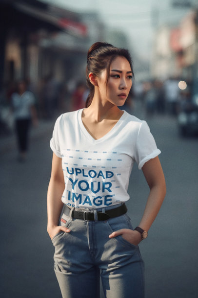V-Neck T-Shirt Mockup Featuring an AI-Generated Woman Inspired by a Street Fighter Character m34952