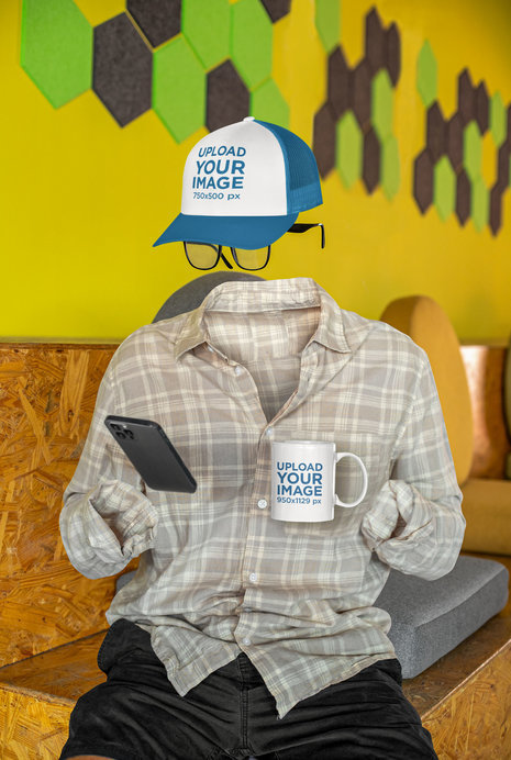 Ghosted Trucker Hat Mockup Featuring a Man Holding a Coffee Mug