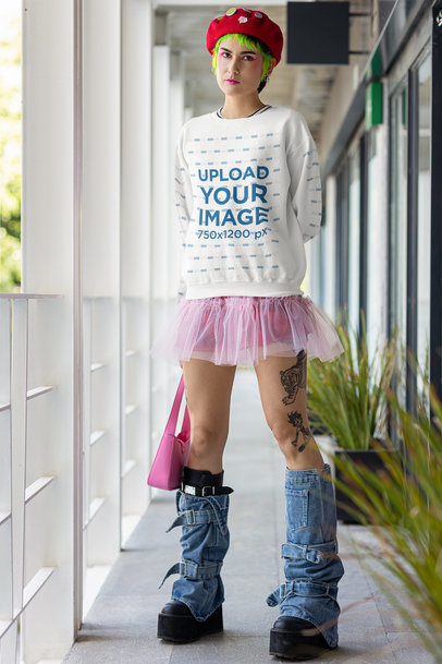Gildan Sweatshirt Mockup Featuring a Woman with Leg Tattoos 