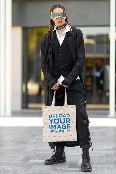 Tote Bag Mockup of a Serious Man Wearing a Dark Cosplay-Themed Outfit