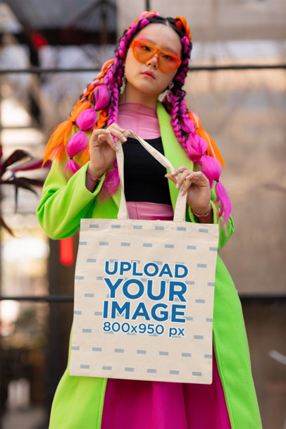 Tote Bag Mockup of a Woman with Colorful Hair in a Harajuku-Inspired Outfit