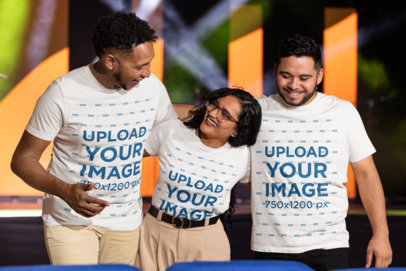Bella Canvas T-Shirt Mockup of Two Men and a Woman Hugging in a Christian Forum