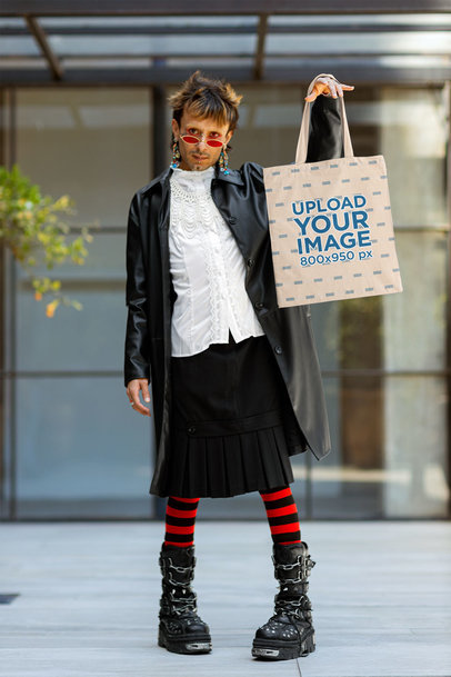 Harajuku-Inspired Mockup Featuring a Man Carrying a Sublimated Tote Bag