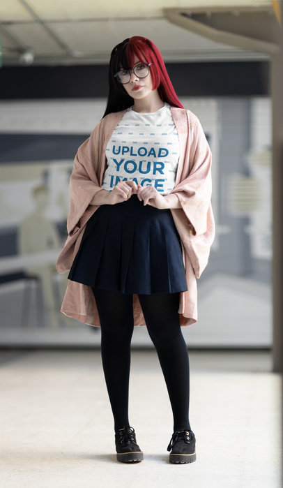 Bella Canvas T-Shirt Mockup Featuring a Serious Woman With a Harajuku-Inspired Style