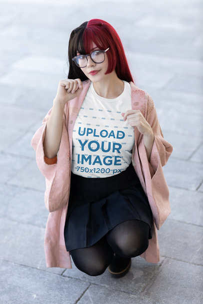 Bella Canvas Tee Mockup of a Woman with Dyed Hair in a Cosplay Outfit