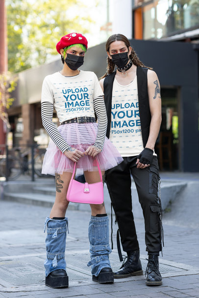 Bella Canvas Tank Top and T-Shirt Mockup of Two Models Wearing Harajuku-Inspired Outfits