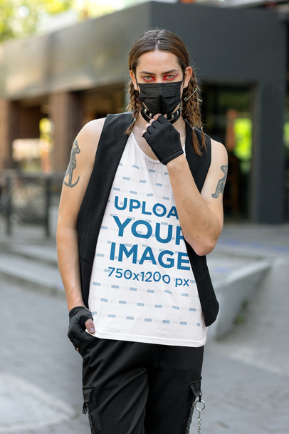 Bella Canvas Tank Top Mockup Featuring a Tattooed Man Wearing Cosplay-Themed Clothes m33433