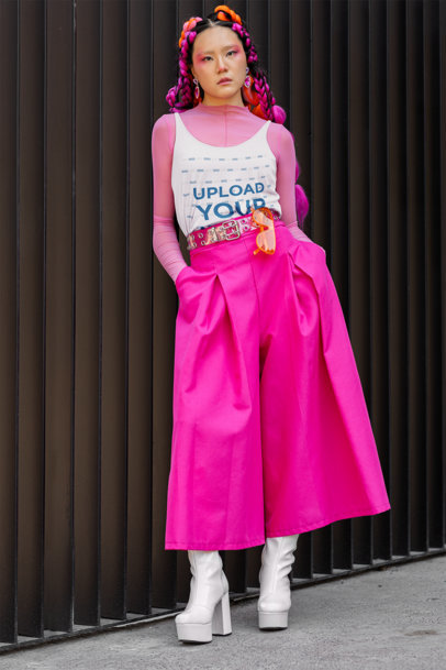 Bella Canvas Tank Top Mockup of a Woman with Colorful Braids in a Pink Outfit