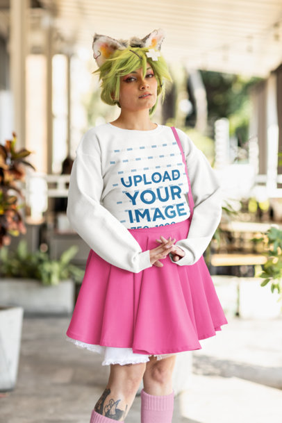 Gildan Sweatshirt Mockup of a Woman With Green Hair and Cat Ears in a Cosplay-Themed Outfit