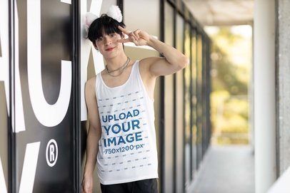 Bella Canvas Tank Top Mockup of a Man in Cosplay Doing a Peace Sign