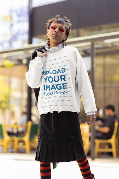 Gildan Sweatshirt Mockup of a Man Doing a Cosplay Inspired by a Harajuku Aesthetic