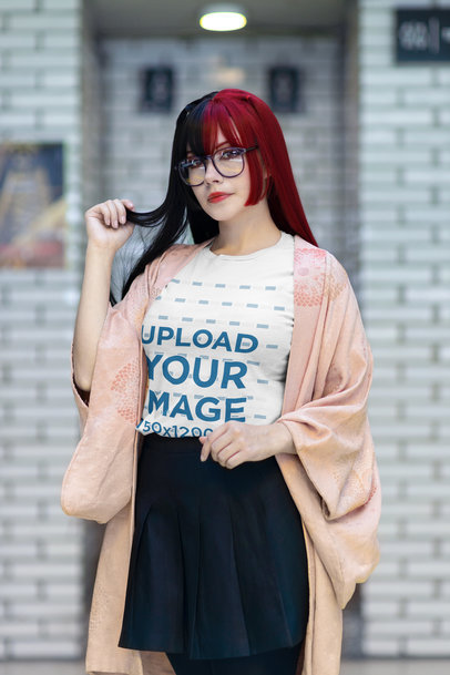 Bella Canvas Tee Mockup of a Woman with Glasses and Dyed Hair m33596