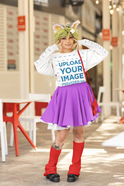 Gildan Sweatshirt Mockup of a Woman with Green Hair Wearing a Harajuku-Style Outfit