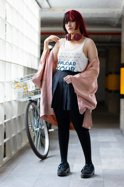 Bella Canvas Tank Top Mockup of a Woman with Headphones Around Her Neck