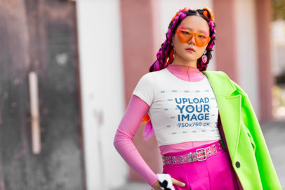 Bella Canvas Crop Top Mockup Featuring a Woman in a Multicolor Outfit