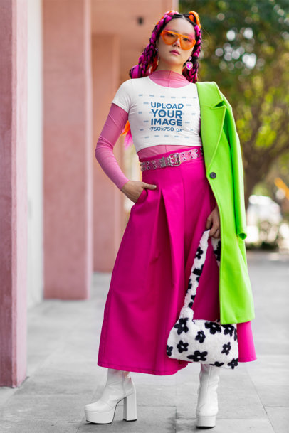 Crop Top Mockup of a Woman with Orange Sunglasses Wearing a Colorful Outfit