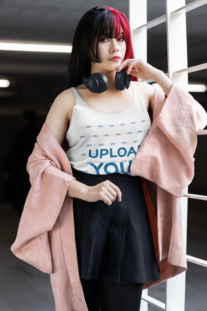 Bella Canvas Tank Top Mockup of a Woman Wearing Headphones Around Her Neck