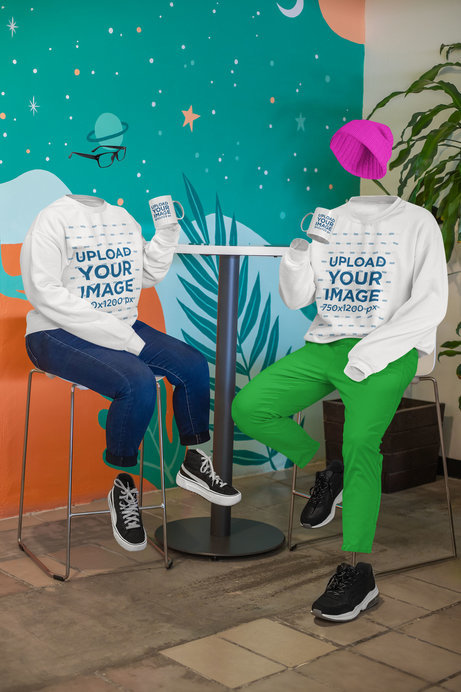 Sweatshirt Mockup Featuring Two Ghosted Models Drinking From Their Coffee Mugs