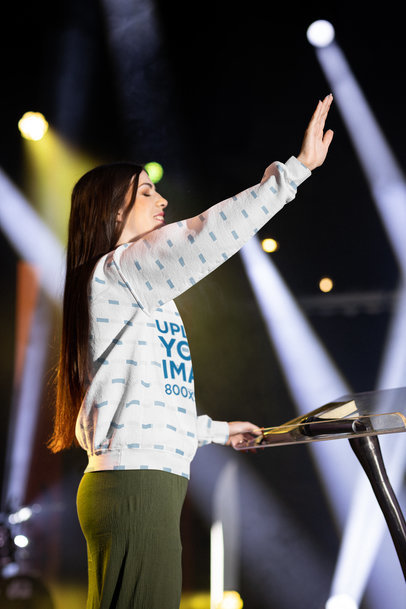 Gildan Sweatshirt Mockup Featuring a Smiling Woman Praying in a Christian Forum