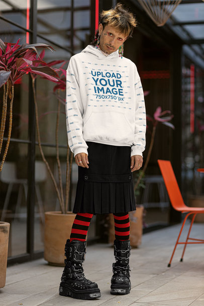Gildan Hoodie Mockup of a Man with Face Tattoos Wearing a Harajuku-Style Outfit
