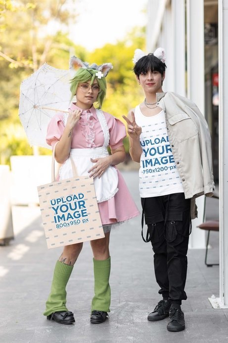 Tank Top and Tote Bag Mockup of a Man and a Woman Doing Cosplay