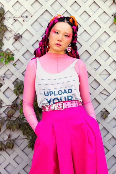 Harajuku-Inspired Mockup Featuring a Woman Wearing a Bella Canvas Tank Top