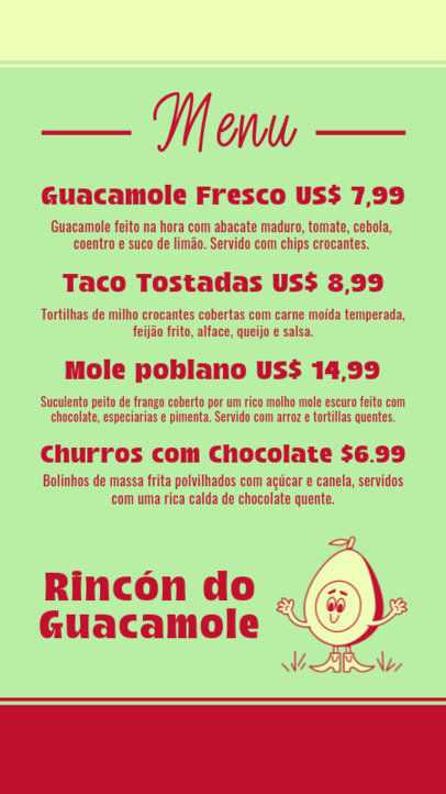 Menu Design Maker Featuring a Cartoonish Avocado for a Tex-Mex Restaurant