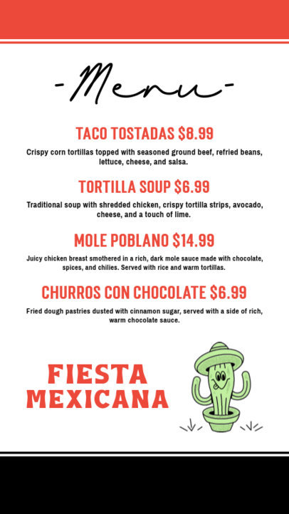 Menu Design Creator with a Cartoonish Cactus for a Mexican Restaurant