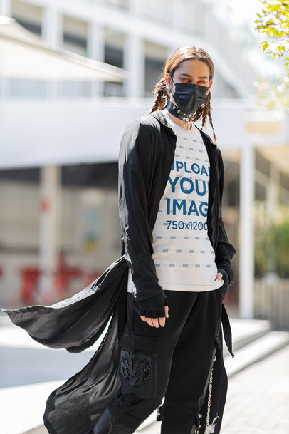 Bella Canvas Tee Mockup of a Man Wearing a Face Mask and a Harajuku-Inspired Outfit