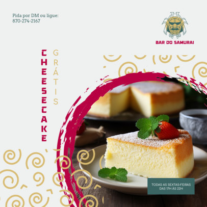 Instagram Post Template for an Asian Restaurant Featuring a Free Cheesecake Ad