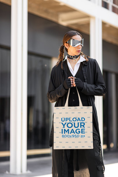 Tote Bag Mockup of a Serious Man Wearing a Harajuku-Inspired Outfit
